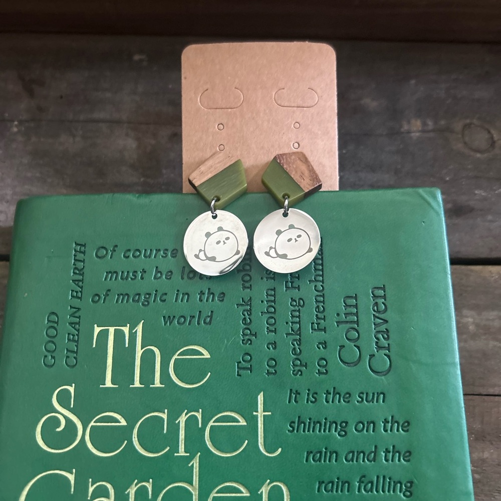 NWT Olive Green Wood and Resin Stainless steel Panda earrings.